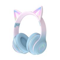DR-57 Cat Ear Bluetooth Headphones, Wireless Over-Ear LED Gaming Headset with Mic, Gradient Color Flash Cat Ear Headphones for Girls Kids Teens Sky blue（Light-up cat e