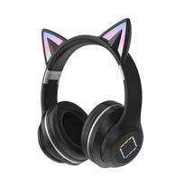 DR-57 Cat Ear Bluetooth Headphones, Wireless Over-Ear LED Gaming Headset with Mic, Gradient Color Flash Cat Ear Headphones for Girls Kids Teens Black（Light-up cat ears