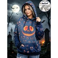 Halloween Big Jack O Lantern Pumpkin Full Print Women Fleece Hooded Sweatshirt Long Sleeve Pocket Loose Pullover L gray