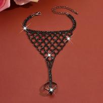 Adjustable Golden Finger Bracelet Rhinestone Hollow Geometric Pendant  Festival black