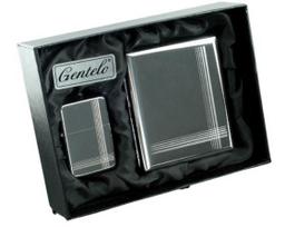 Gift Set: Gasoline Lighter with Cigarette Case with Engraved Stripes