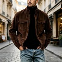 Men's Corduroy Jacket with Stand Collar, Casual Outerwear Coat for Fall and Winter Wear S