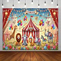 1pc Circus Animal Background - Vibrant cartoon circus theme featuring colorful balloons flowers and animals 118×59inch/300*150cm