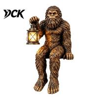 Detailed Big Foot Figure Figurine with Lantern, Resin Sasquatch Statue Holding Fan Present LED Light Indoor Outdoor Garden Yard Decor Patio Ambient black