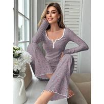 Women Sexy Deep V Neck Long Sleeve Button Slim Fit Printed Pajamas Set S gray
