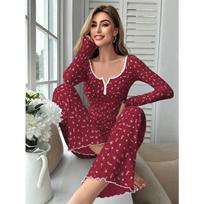 Women Sexy Deep V Neck Long Sleeve Button Slim Fit Printed Pajamas Set L gray