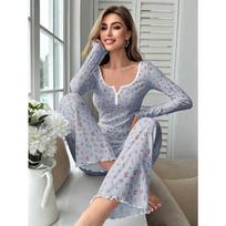Women Sexy Deep V Neck Long Sleeve Button Slim Fit Printed Pajamas Set XL