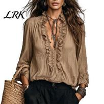 Breathable Women Shirt Ruffle V-Neck Top, Solid Color Casual Long Sleeve Elegant Autumn Pullover Shirt, Retro Pleated Loose Blouse for V-neck Top XL