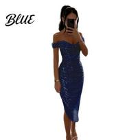 Sequined Slim Fit Gown Lady Evening Dress Off Shoulder Sleeveless Sequin Irregular Formal Hem Calf L
