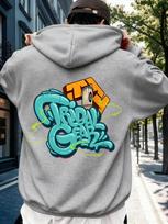 Men's graffiti spray paint can letter-printed hooded loose-fitting long-sleeved hoodie for autumn and winter. Street style hip-hop long-sleeved top. XL