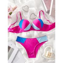 Single-Piece Color-Blocked Sexy Beach Swimwear Set with Underwire Push-Up Bra and Panties S pink