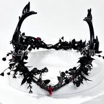 Dark Gothic Antlers Headband Crescent Eyebrow Pendant Headdress Halloween Party Headdress black