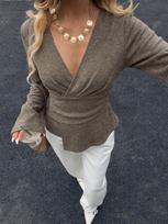 2026 Women's V-neck Cross-wrap Slimming T-shirt with Flare Sleeves and Irregular Hem gray