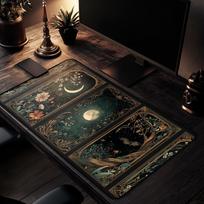 Celestial Lunar Nature Tarot Card Desk Mat Dark Green Witch Night Botanical Floral Mousepad Occult Stars Magic Mouse Moon Office 300X600X2MM black