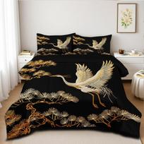 Duvets Cover Queen Size Black Gold Pine and Crane Bedding Set 3D Vintage Chinoiserie Printing Bedding White Golden Bird Tree EU Double(200x200cm)