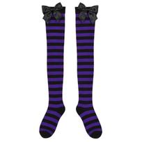 Striped Christmas Long Stockings Bowknot Decor Thigh High Socks Knee Length Socks  Winter Wardrobe Dark Purple  Stripe black