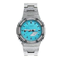 CASIO Unisex skystųjų kristalų/analoginis dvigubo ekrano serijos mėlynas laikrodis GA-2100SKE-7A Tiffany Blue Silver with Full Diamonds blue