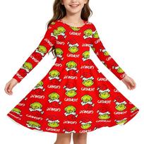 Girls Christmas Print Long Sleeve Dress with Sleeves for Holiday Party and 150