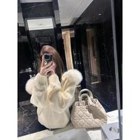 White big fur collar hooded fox hair knitted jacket women's autumn and winter lazy feeling loose zipper cardigan sweater 001 one size fits all【85-125】