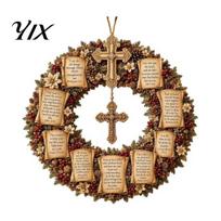 Christmas Cross Wreath Christian Bible Verse Wreath, Pine Cones Decor, Religious Pastoral Thanksgiving Gifts Scripture for Front Door Wall Decor 30cm A