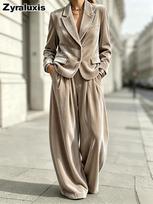 Women's Velvet Two Piece Suit with Wide Leg Pants and Button-Up Blazer for Evening Party Formal Wear M gray