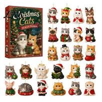Christmas Countdown Calendar Cat Dog Advent Calendar, 24Pcs Acrylic 2D Ornament Set Retro Gift Box with Cute Kitten/Dog/Lion Designs, Holiday I