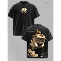 Avatar Aang Appa Anime Printed Retro T Shirt Harajuku Vintage Washed Streetwear Men Clothing Casual Oversized Cotton T-shirt 3XL gray