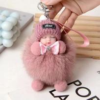 Sleeping Baby Keychain Cute Fluffy Plush Doll Keychains Women Girl Bags Keyrings Cars Key Ring Gift Charming Decoration brown