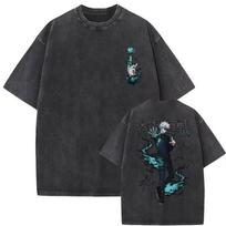 Washed Vintage Anime Jujutsu Kaisen Itadori Yuji and Todo Aoi Graphic Print T Shirt Unisex Fashion Oversized T-shirts L gray