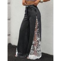 Womens High Waisted Wide Leg Jeans Retro Sexy Lace Split Denim Pants Streetwear Ins Style M gray