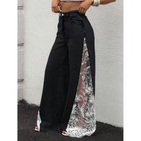 Womens High Waisted Wide Leg Jeans Retro Sexy Lace Split Denim Pants Streetwear Ins Style S