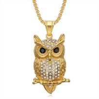 European and American Cross-border Hip-hop Jewelry, Gold-plated and Diamond-encrusted Owl Pendant Necklace 60CM beige