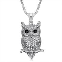 European and American Cross-border Hip-hop Jewelry, Gold-plated and Diamond-encrusted Owl Pendant Necklace 60CM gray