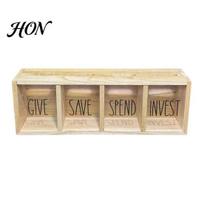 Investment And Donation Box Wooden Piggy Bank with 4 Compartments, Transparent Acrylic Money Box, Container Wall Mounting Coin for Financial Literacy beige