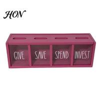 Investment And Donation Box Wooden Piggy Bank with 4 Compartments, Transparent Acrylic Money Box, Container Wall Mounting Coin for Financial Literacy