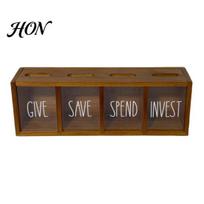 Investment And Donation Box Wooden Piggy Bank with 4 Compartments, Transparent Acrylic Money Box, Container Wall Mounting Coin for Financial Literacy