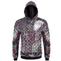 Mens Reversible Hooded Sweatshirt With Sequins Streetwear Dancewear 2026 Loose Fit Multi-Color Hip Hop Style Medium black