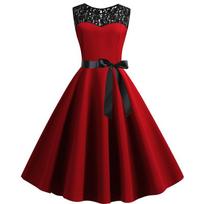 Retro Sleeveless Lace Stitch Big Swing Dress XL red