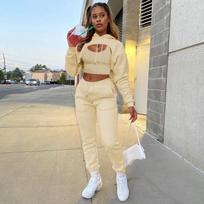 Fashion Women's Clothing Fleece Drawstring Solid Color Hooded Sweater Long Sleeve Drawstring Trousers Vest Three-piece Set S gray