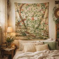 VIKAMA French Retro Oriental Flower and Bird Tapestry Peony Background Cloth Living Room Wabi Sabi Light Luxury Room Decoration 100X70CM