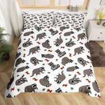 Cute Raccoons Duvet Cover Set Single Size Grey Bedding Set With 1 Pillowcase Cartoon Raccoon Lovely Apples Leaves 140x200cm 3pcs