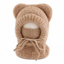 Knitted Hooded Scarf Hat Thickened Thick Warm Balaclava Kids Winter Beanie  Outdoor beige
