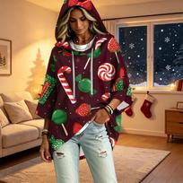Women's 3/4 Sleeve Christmas Print Hooded Pullover Top Casual Holiday Outfit S
