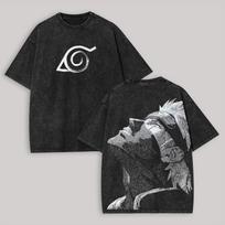 Kakashi Hatake T Shirt Naruto Leaf Village Vintage Acid Wash Streetwear Oversized Retro Anime Graphic Men Tees Leisure Clothing 3XL gray