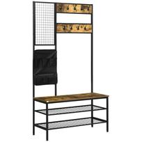 Industrial Wardrobe with Memo Board, Shoe Bench, 8 Hooks and Storage Bag, Black & Brown