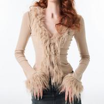 Sexy Fashion Grunge Cardigan Y2k estetiška striukė su V formos iškirpte, Moteriškas Harajuku Vintage Bandage Kailinis Patchwork Paltas 2023 m. rudens L beige