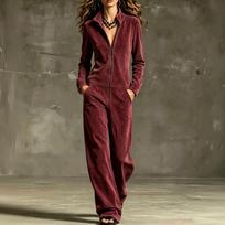 Women's Fashion Wide Leg Jumpsuit with Stand Collar, Front Zip and Pockets XL brown