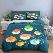 3Pcs Cute Pufferfish Bedding Set, Colorful Blowfish Print Duvet Cover + 2 Pillowcases, Whimsical Ocean Decor EU Twin 135X200cm&set
