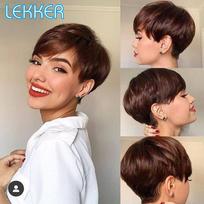 Lekker Colored Short Pixie Cut Straight Bob 100% Human Hair Wigs With Bangs For Women Brazilian Remy Hair Burgundy Red Clearance 6inches brown