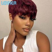 Lekker Colored Short Pixie Cut Straight Bob 100% Human Hair Wigs With Bangs For Women Brazilian Remy Hair Burgundy Red Clearance 6inches black